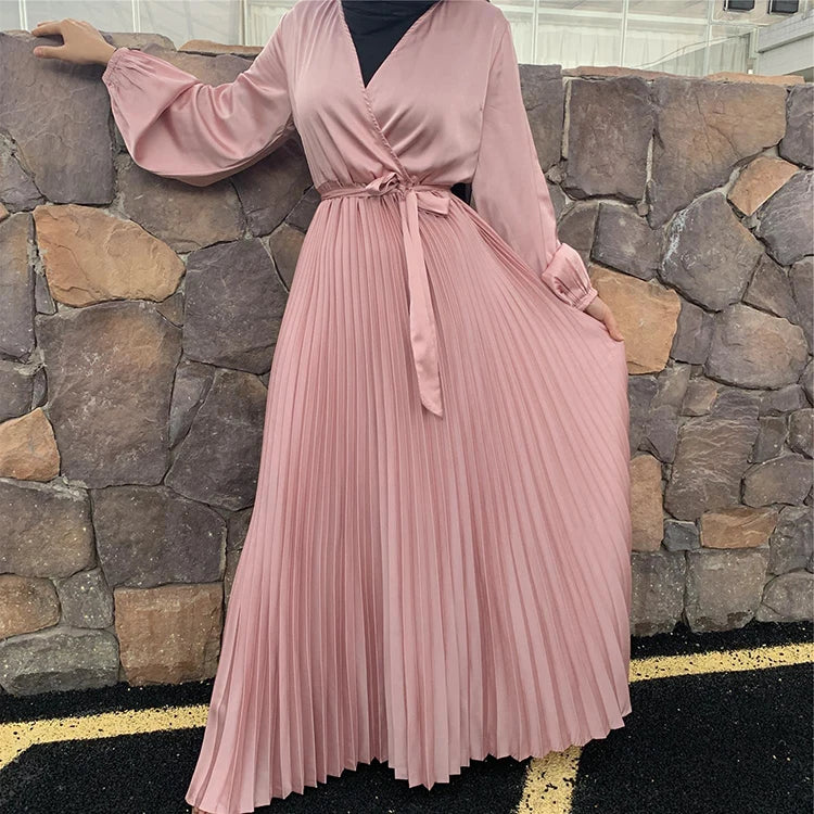 Fashion Satin Plain Color Simple Design Islamic Clothing Muslim Evening Maxi Casual Pleated Women Dresses Dubai Abaya