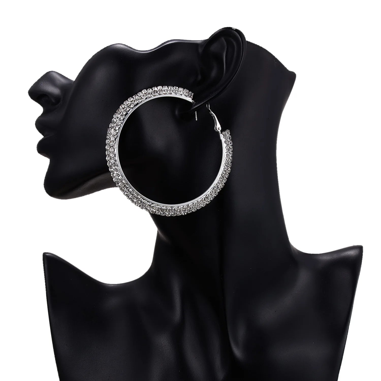 Wholesale Luxury Best Selling Silver Big Circle Shiny Double Row Crystal Rhinestone Hoop Earrings for Ladies