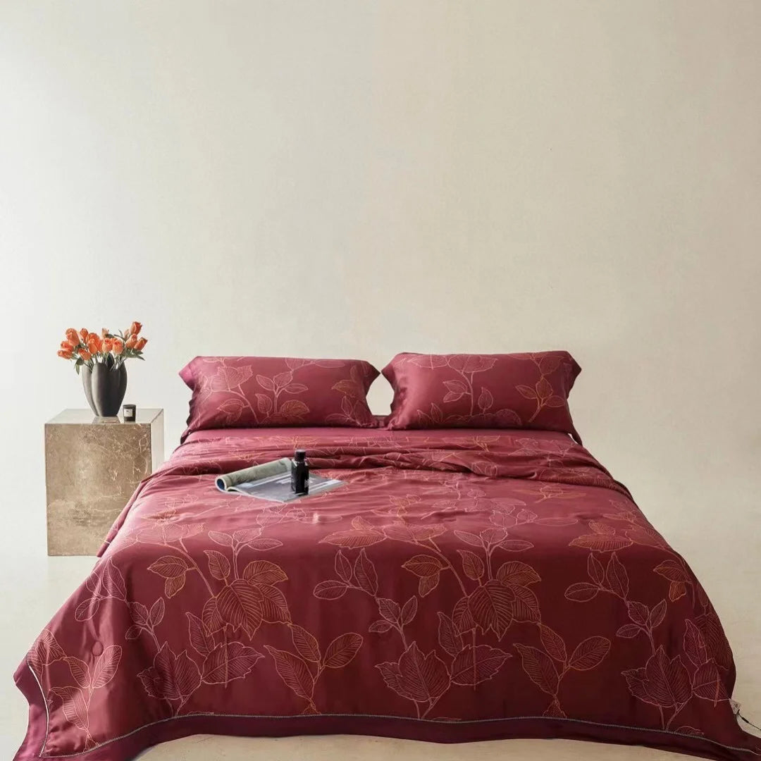 Summer Cool Home Textile Lyocell Fiber Red Bedding king Size Maple Leaf Pillowcase Print Quilt Set Supplier
