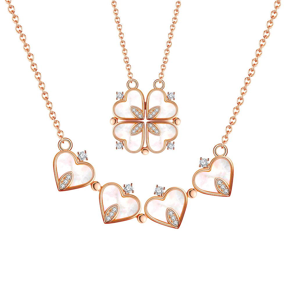 RINNTIN EQN24 Custom Heart Four Leaf Clover Pendant Neck 925 Sterling Silver Natural Mother of Pearl Gold Necklaces Women Gifts