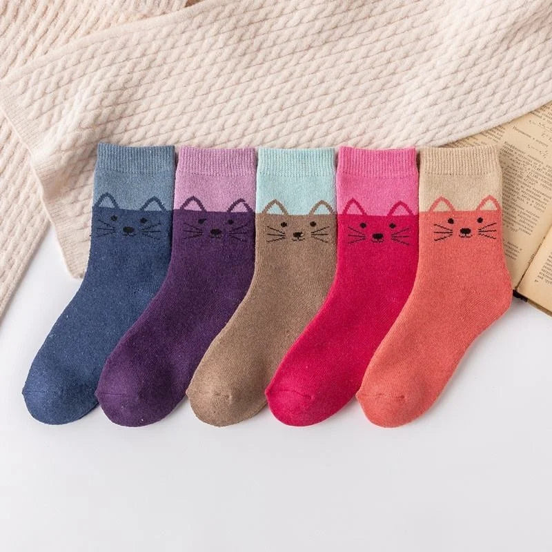 Wholesale Cute Cat Cartoon Warm Mid Calf Socks Women Winter Thick Terry Crew Socks Set