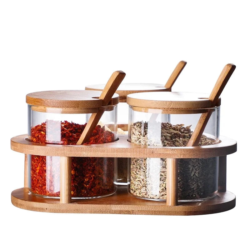 3-Piece Bamboo Cover and Wooden Support Storage Jar Set Convenient Glass Seasoning Jar with Bamboo Spoon