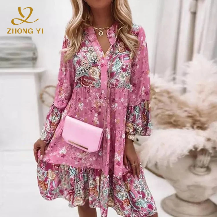 2023 Clothing Design Fashion Floral Long Sleeve Loose Vestidos V Neck Ruffle Women Vintage Mini Elegant Beach Short Dresses