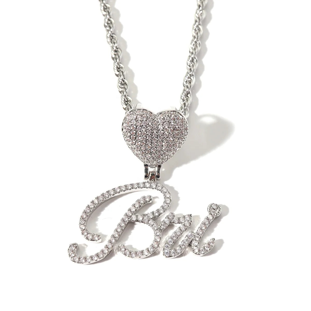 Iced Out Brush Font Curved Letters Custom Name Necklace Bling Bling Heart Hook Diamond Personalized Name Custom Chain