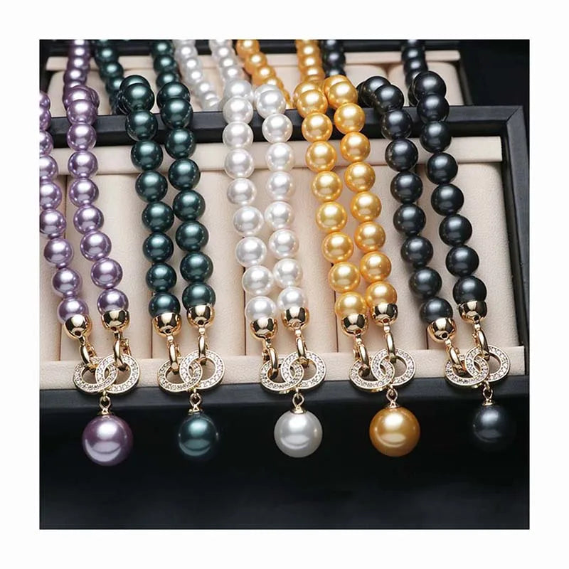 Purple Green White Valentine Gift Women Shell Pearl Beaded Chain Necklace Jewelry Crystal Rhinestones Pearl Pendant Necklaces