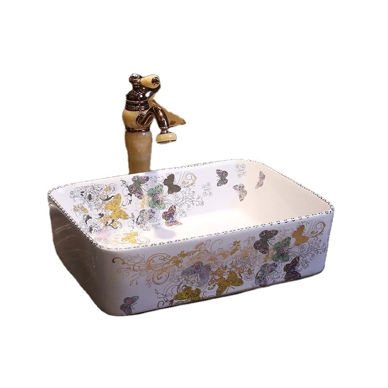 Rectangle White butterfly China Artistic Porcelain Handmade Porcelain Lavabo Bathroom Vessel Sinks Ceramic Wash Basin Washbasin