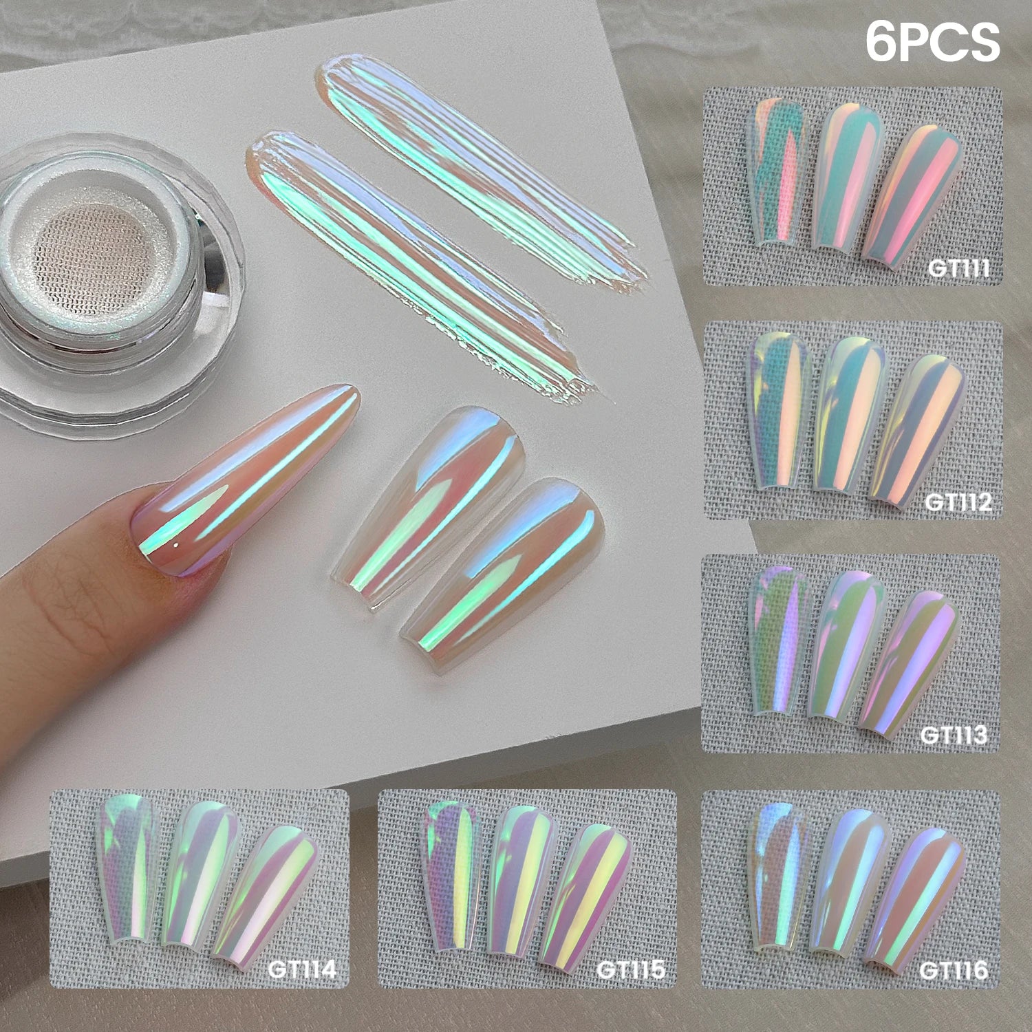 YOKEFELLOW GleamTap GT111-116 Nail Aurora Chrome Powder Set New Style Cushion Design for Nail Beauty Use