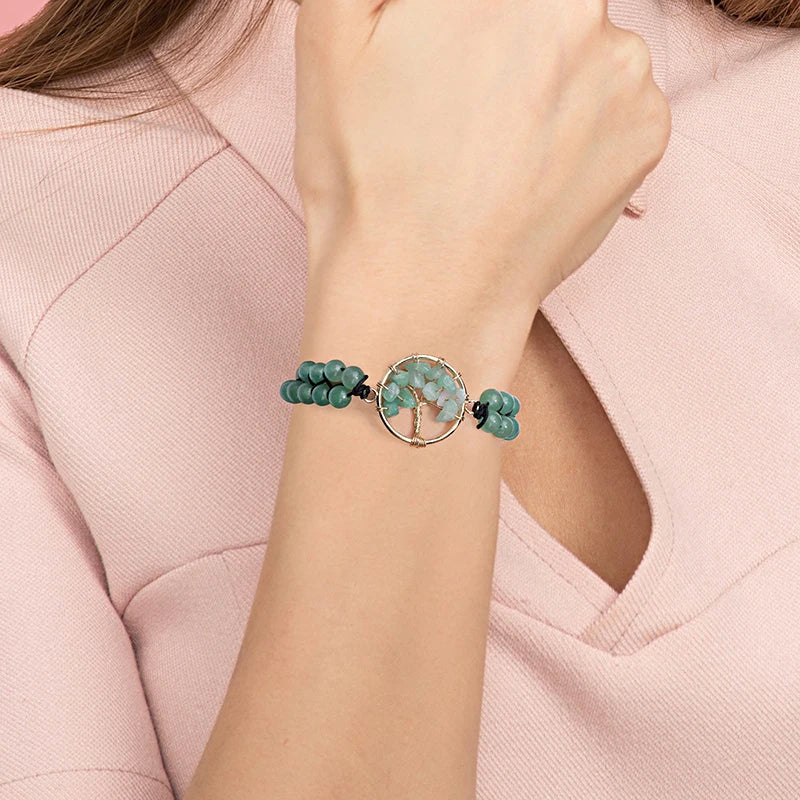 Handmade Double Layer Green Aventurine Quartz Turquoise Bracelet Adjustable Braided Life Tree Charm Fashion Jewelry Bracelets