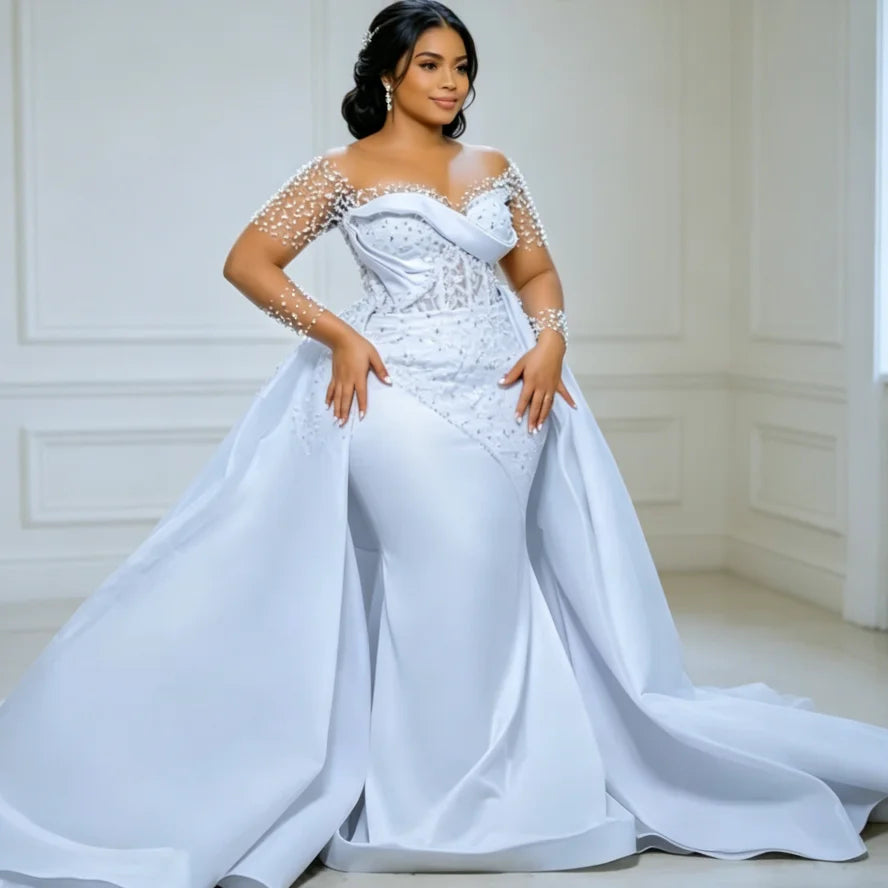 Customized Exquisite Illusion Handmade Beads Appliques Mermaid Wedding Dress Long Sleeves De Novias with Removable Skirt