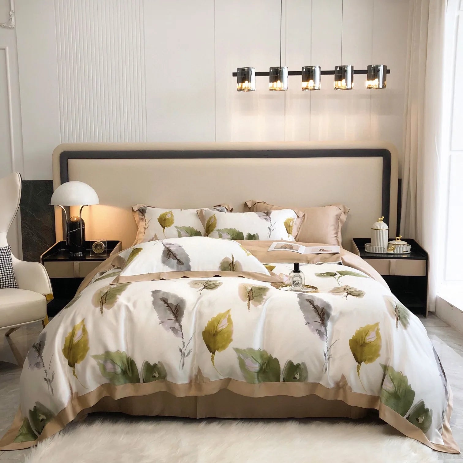 Customized New Style Lyocell Fiber Brown Printed Flower Quilt Cover Summer Cool Leaf Pillow case Green Home Textile Bedding Set