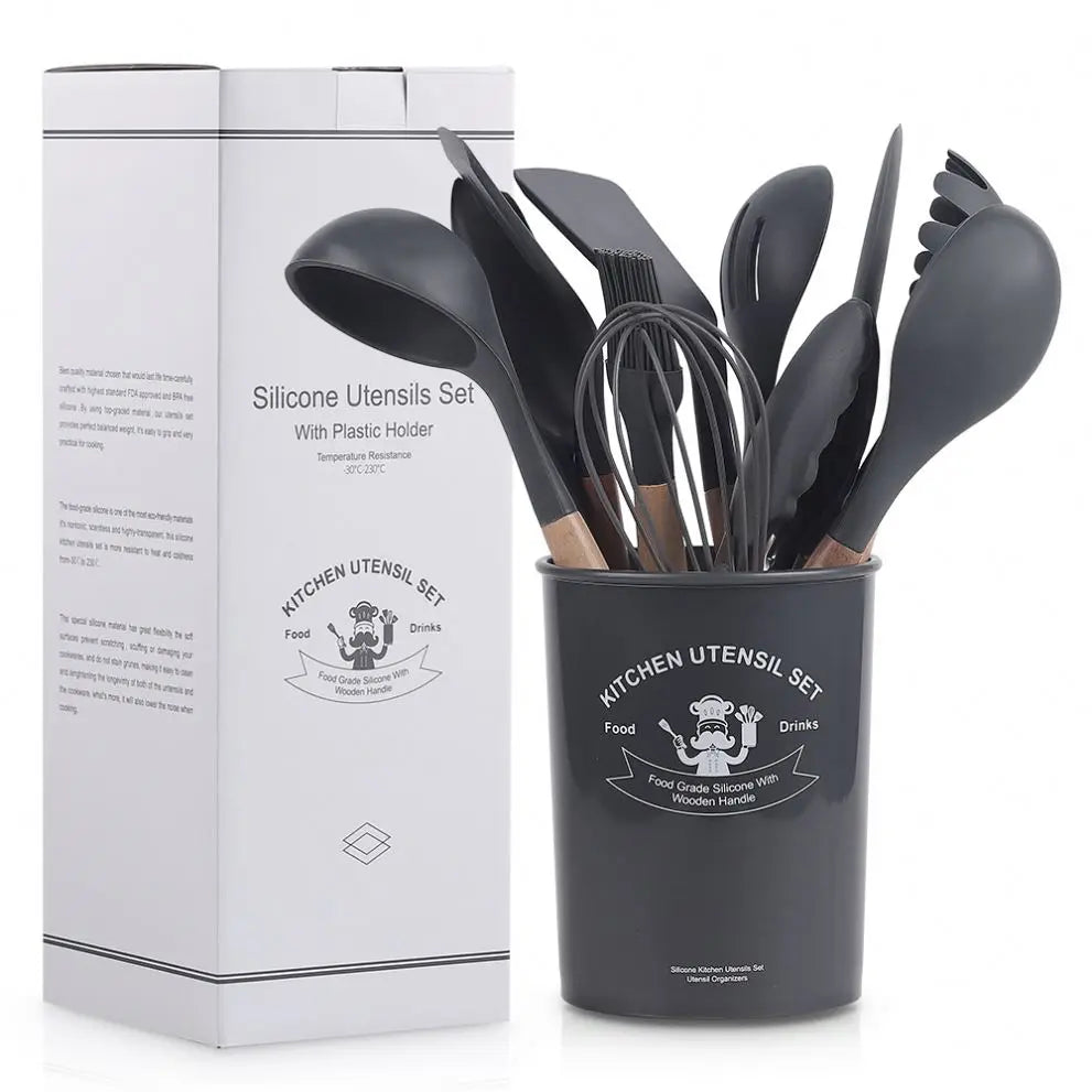 12 Pieces in 1 Set Kitchen Gadgets Tools Stand Kitchenware Spatula Silicone Cooking Utensils Set With Wooden Handles