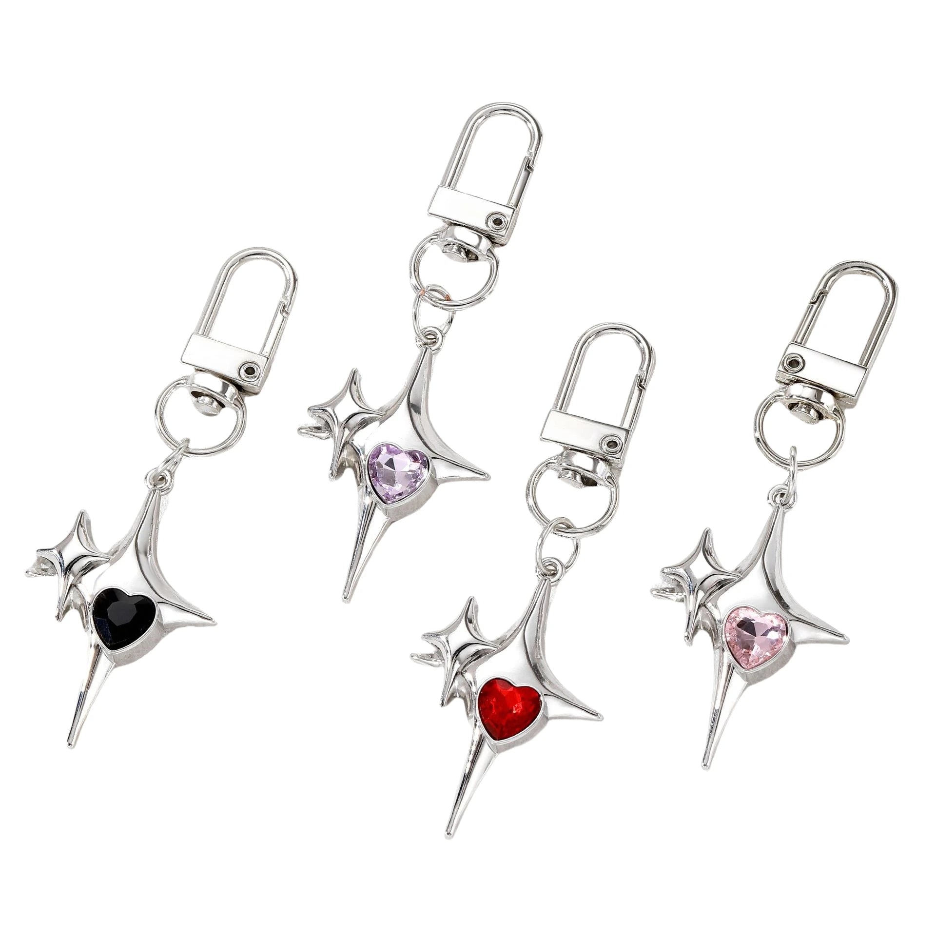 Sliver Diamond Heart Cross Star Keychain Metal Four-pointed Star Keychain Y2k Bag Earphone Case Mobile Phone Chain Charm Pendant