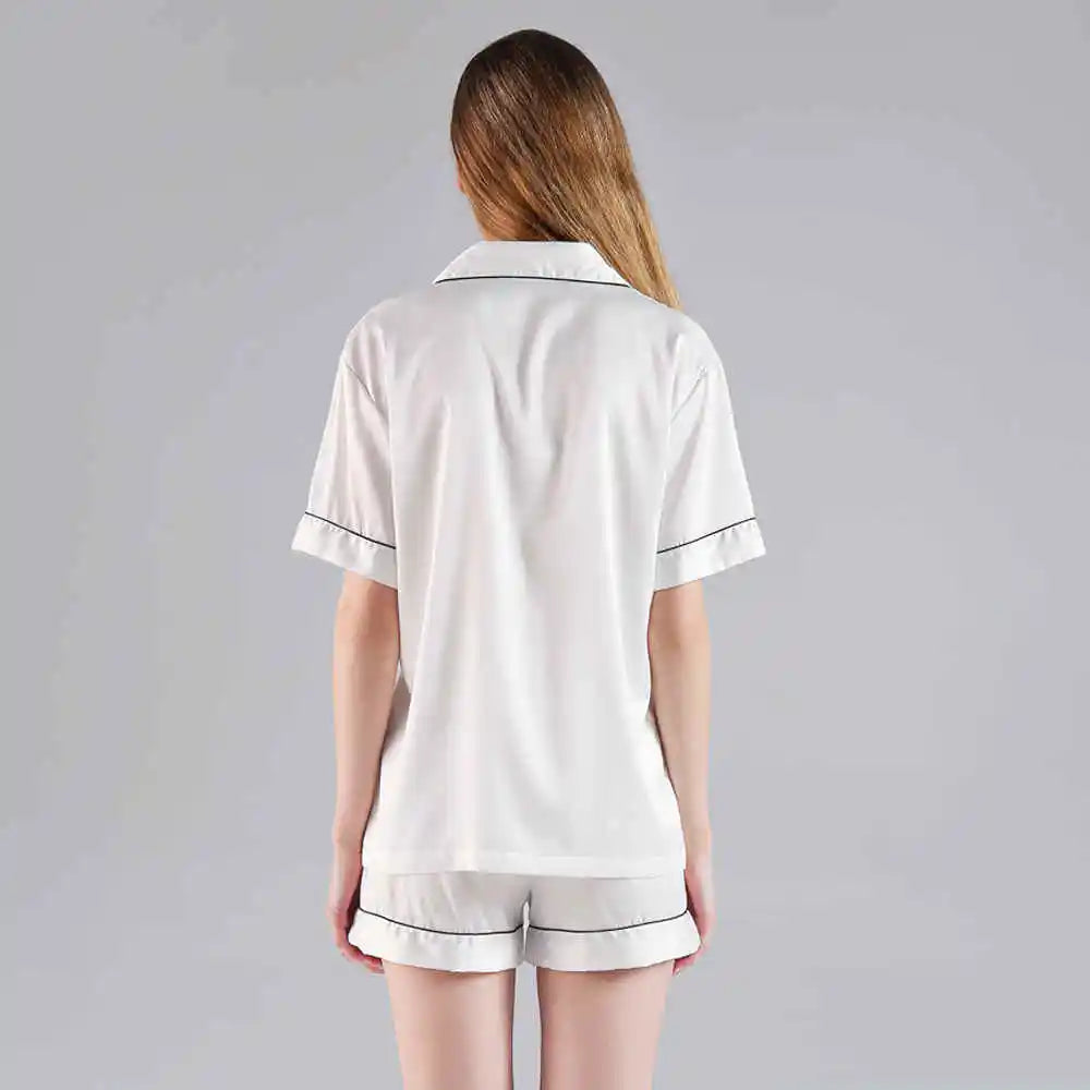 FUNG 3034  Lapel Pajamas Set Summer Women Sleeping Wear Short-sleeve Nightgown Pajama Night Suits for Women