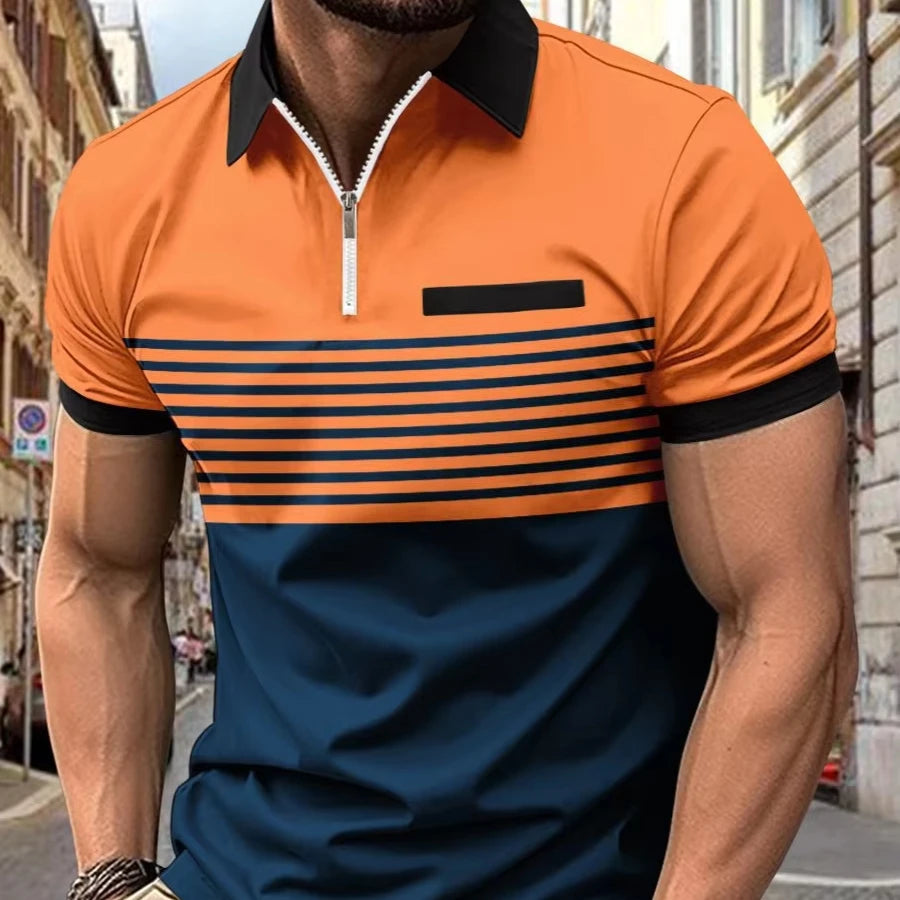 European American Striped Print POLO Shirt Men Summer Quick Sale  Zipper Short Sleeve XL Size Knitted Fabric Pattern