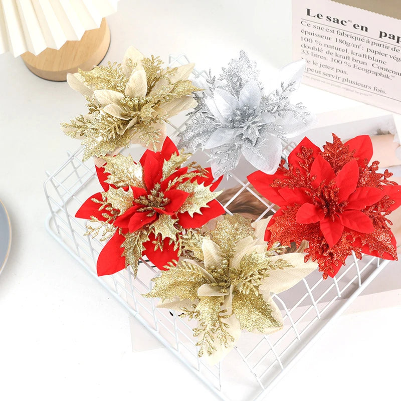 New Wholesale Hot Selling Christmas Decoration Gold Powder Flower 14cm Three-layer Christmas Tree Pendant Holiday  Decoration