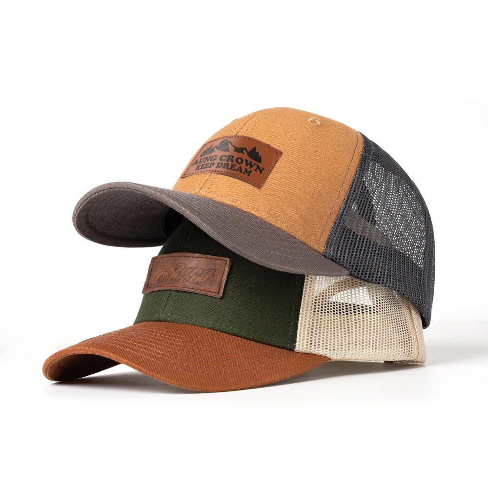 High Quality 6 Panel Structured Mesh Trucker Hat Baseball Cap Custom Leather Patch Logo Winter Outdoor Y2K Beach Fishing Casual