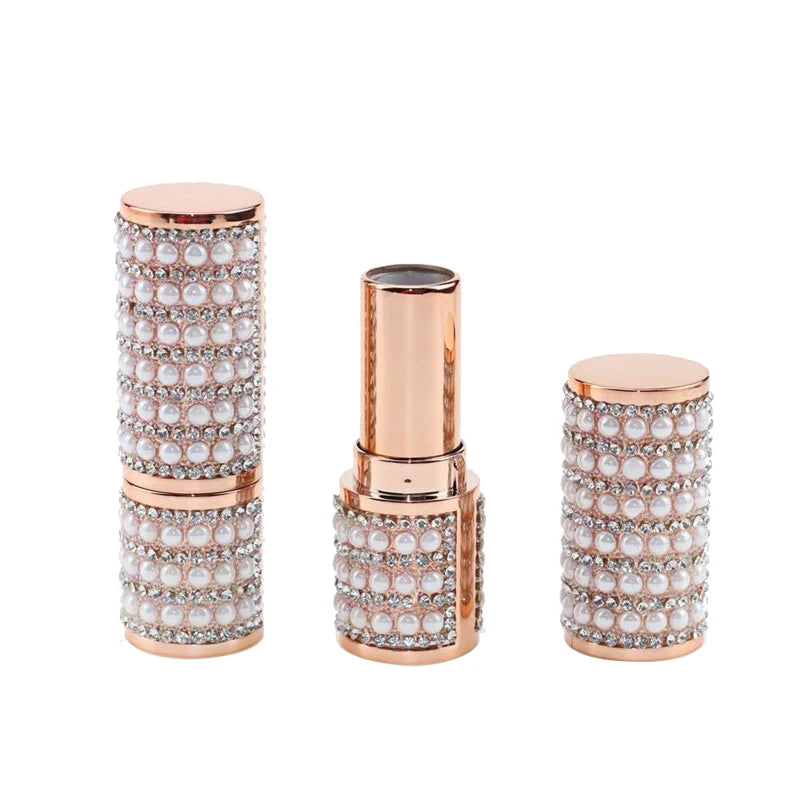 New Luxury Diamond Rhinestone Empty Lipstick Tube Container Square Pearl Leather Sticker Case for Cosmetics Ready to Ship