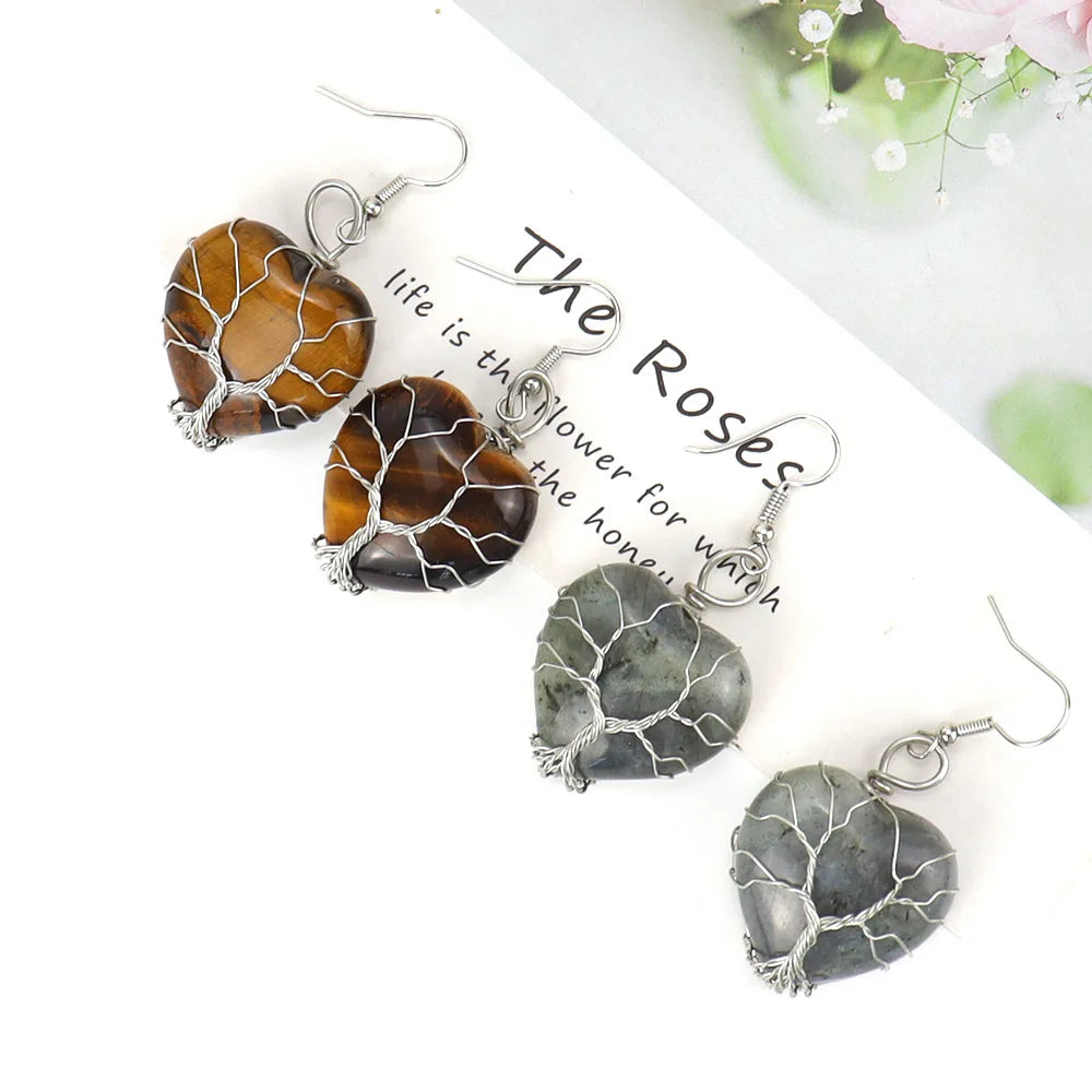 Wholesale Natural Crystal Stone Wire Wrapped Tree of Life Peach Heart Earring for Women Jewelry Crystal Heart Earrings