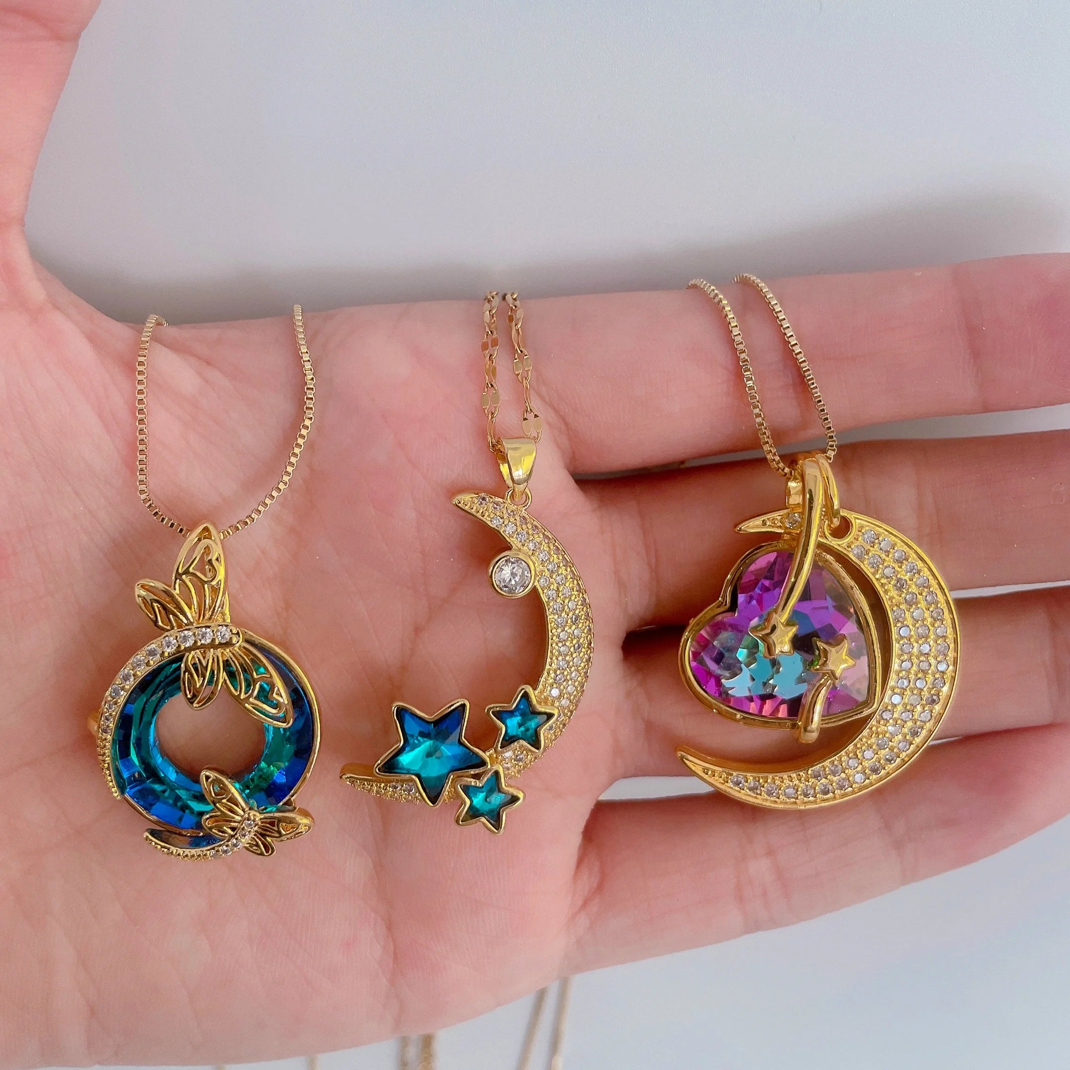 New Design 18K Gold Zircon love Star Moon Pendant Necklace Water Proof for Women Daily Jewelry