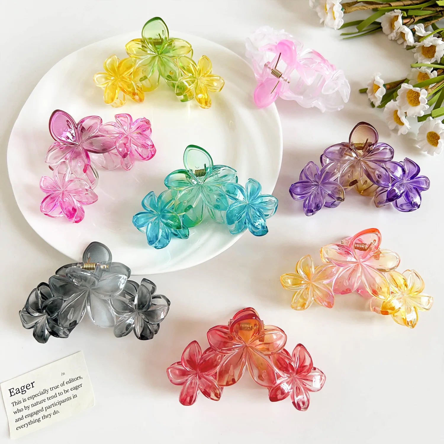 Wholesale Large Gradient Color Flower Claw Clips Elegant Transparent Frangipani Hair Claw Custom Hibiscus Claw Clips for Women
