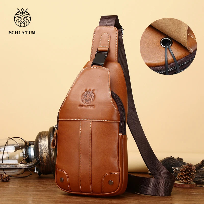 SCHLATUM Genuine Leather Men's Casual Crossbody Sling Bag Cowhide  Vintage Chest Bag with Earphone Hole