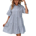 Women's A-Line Striped Short Sleeve Mini Dress Turned Down Collar Buttoned Down for Vacation