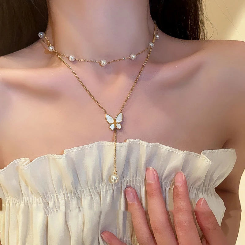 HOVANCI Trendy Titanium Wheat Ears Shape Ladies Clavicle 11 Small Rice Pearl Body Necklace