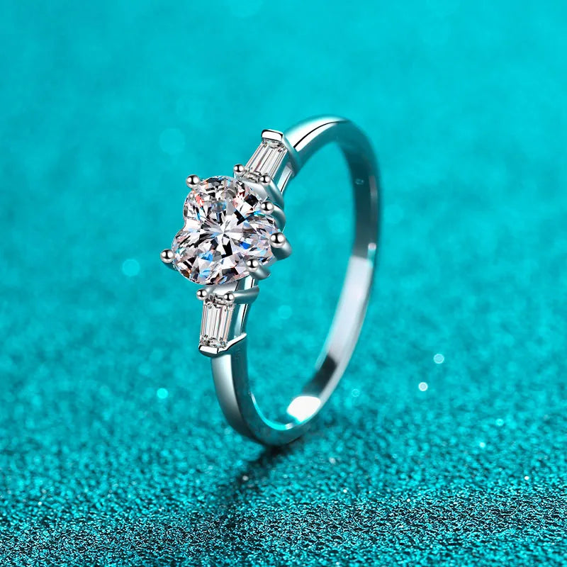 Silver 925 Original Excellent Cut 1 ct Diamond Test Past D Color Heart Moissanite Forever Love Ring Brilliant Gemstone Jewelry