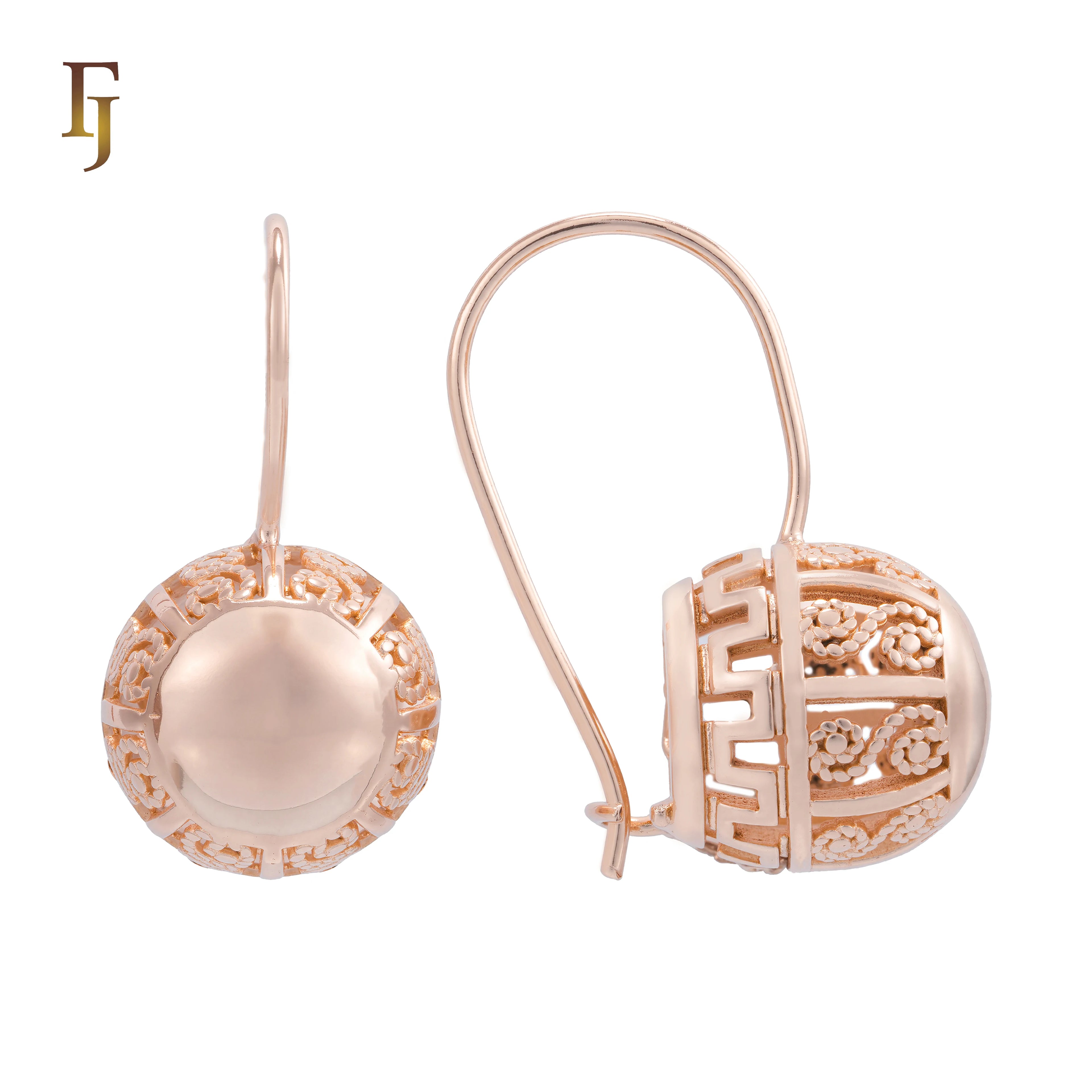 FJ Fallon Fashion Jewelry Rose Gold Wire Hook Earrings Vintage Dome with Filigree Openwork Ornate Non-Tarnish Brass