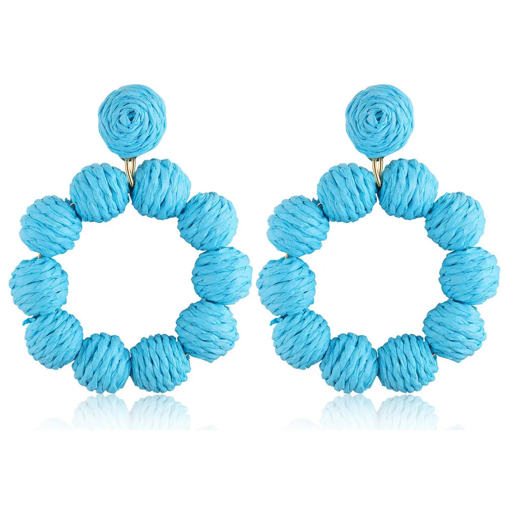 Fashion Bohemia Geometric Rattan Ball Hoop Dangle Earrings Handmade Braid Raffia Wrapped Drop Earrings Summer Beach Jewelry
