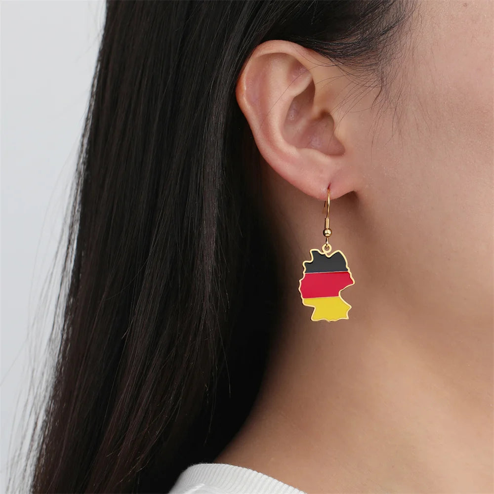 18K Gold Plated Enameled Germany Map Pendant Earrings Stainless Steel Enamel German Deutschland Flag Dangle Earrings