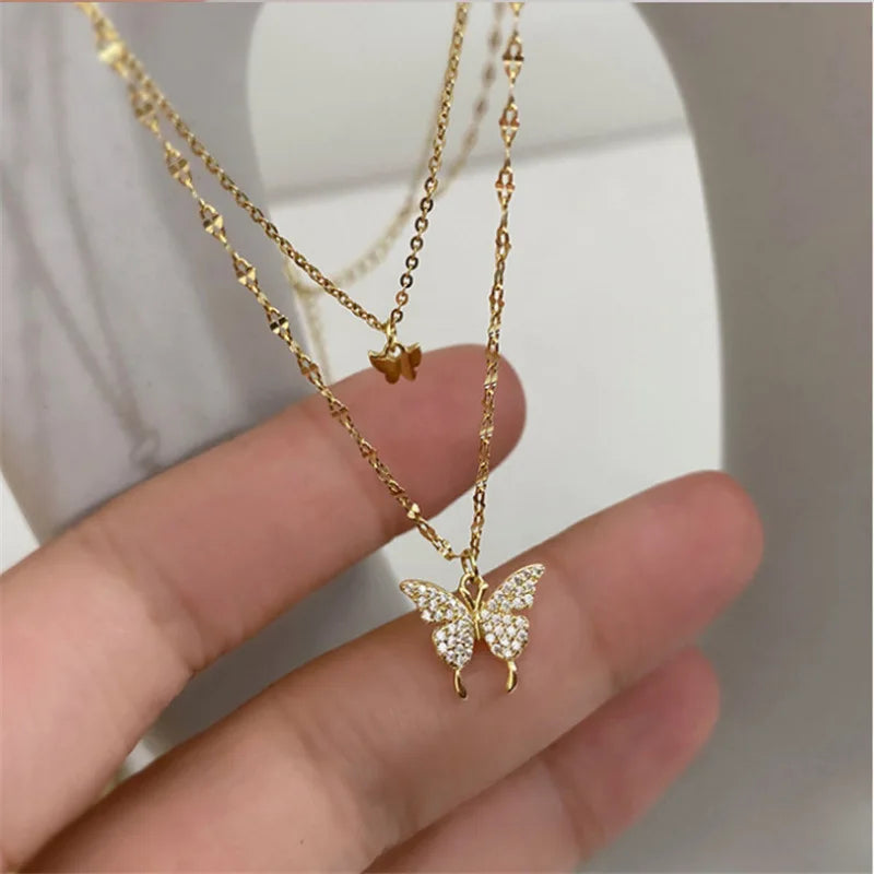 Simple Luxury Fancy Pure 925 Sterling Silver Double Layered Chain Butterfly Pendant Necklace for Women Girls Jewelry