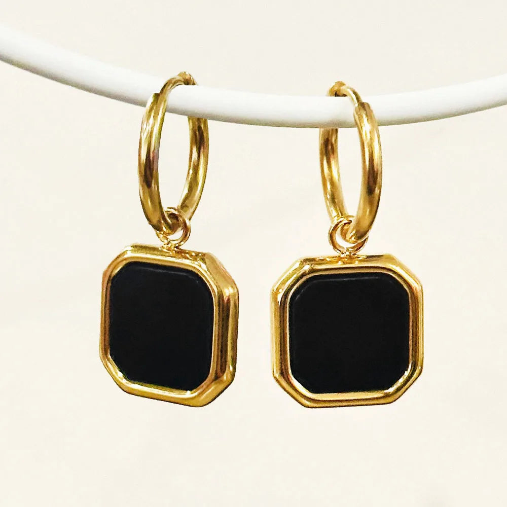 Surgical Steel Mens Dangle Earring 18k Gold Hoop Dangle Earrings With Black Onyx Gemstone Natural Stone Hoop Earring Jewelry