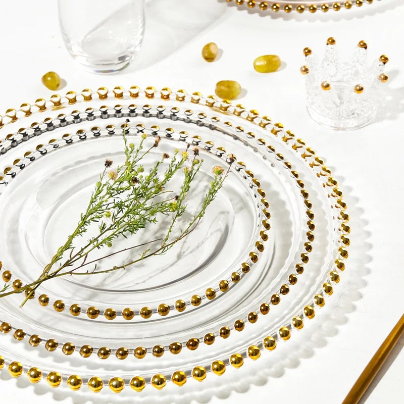 Kaly's Luxury Lead-Free Eco-Friendly Glass Dinnerware Set Handpainted Gold/Silver Beaded Edge Plates for Home Parties-Wholesale