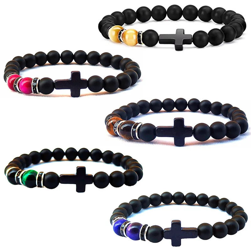 Hot Sale Adjustable Black Volcanic Healing Energy Tiger Eye Stone Bracelets Lava Stone Beaded Gemstone Cross Charm Bracelet