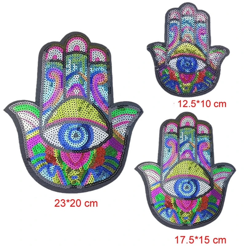 3 Size Colorful Palm Sequin Sequin Embroidery Evil Eyes Patch Sequined Eyes Applique Iron-On Felt Fabric for DIY Eco-Friendly