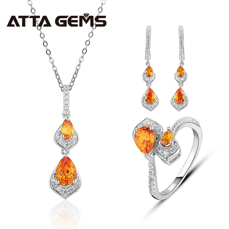 Orange Sapphire Pendant Earrings Ring 925 Sterling Silver Orange Sapphire Jewelry Sets for Women Engagement Wedding Gifts MegaBDM