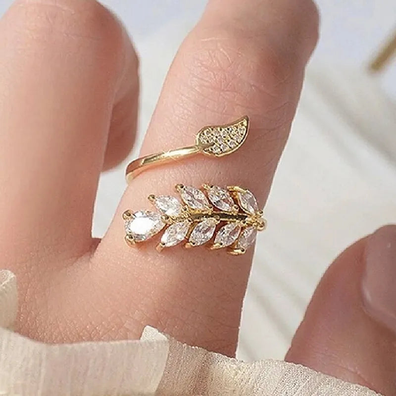 CAOSHI 18K Leaves Jewelry Women Finger Ring Fashion Cz Zircon Wedding Engagement Leaf Adjustable Open Size Gold Color Ring Women