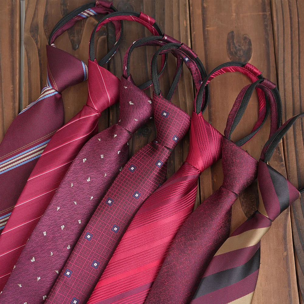 Custom Men's Red Jacquard Polyester Tie with Zipper Striped Design for Wedding Parties