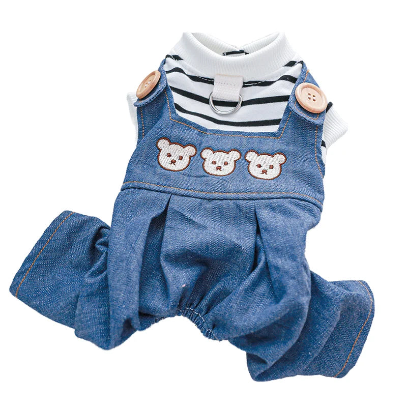 New Arrival Puppy & Cat Clothing Overalls with Bear Head Jeans Black White Stripes Polyester Material Traction Chest Back Design