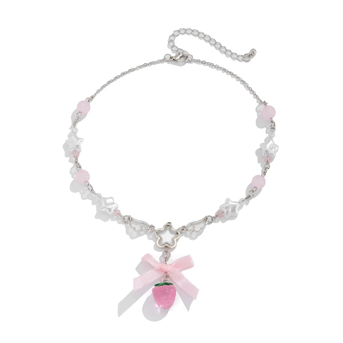 Sweet Style Acrylic Strawberry Pendant Necklace Small Fresh Imitation Pearl Webbing Collarbone Chain for Women's Jewelry