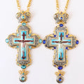 ZDGB-3 Orthodox Religious Gold and Black Gun Plated Color Pectoral Cross Necklace with Navy Blue Stones
