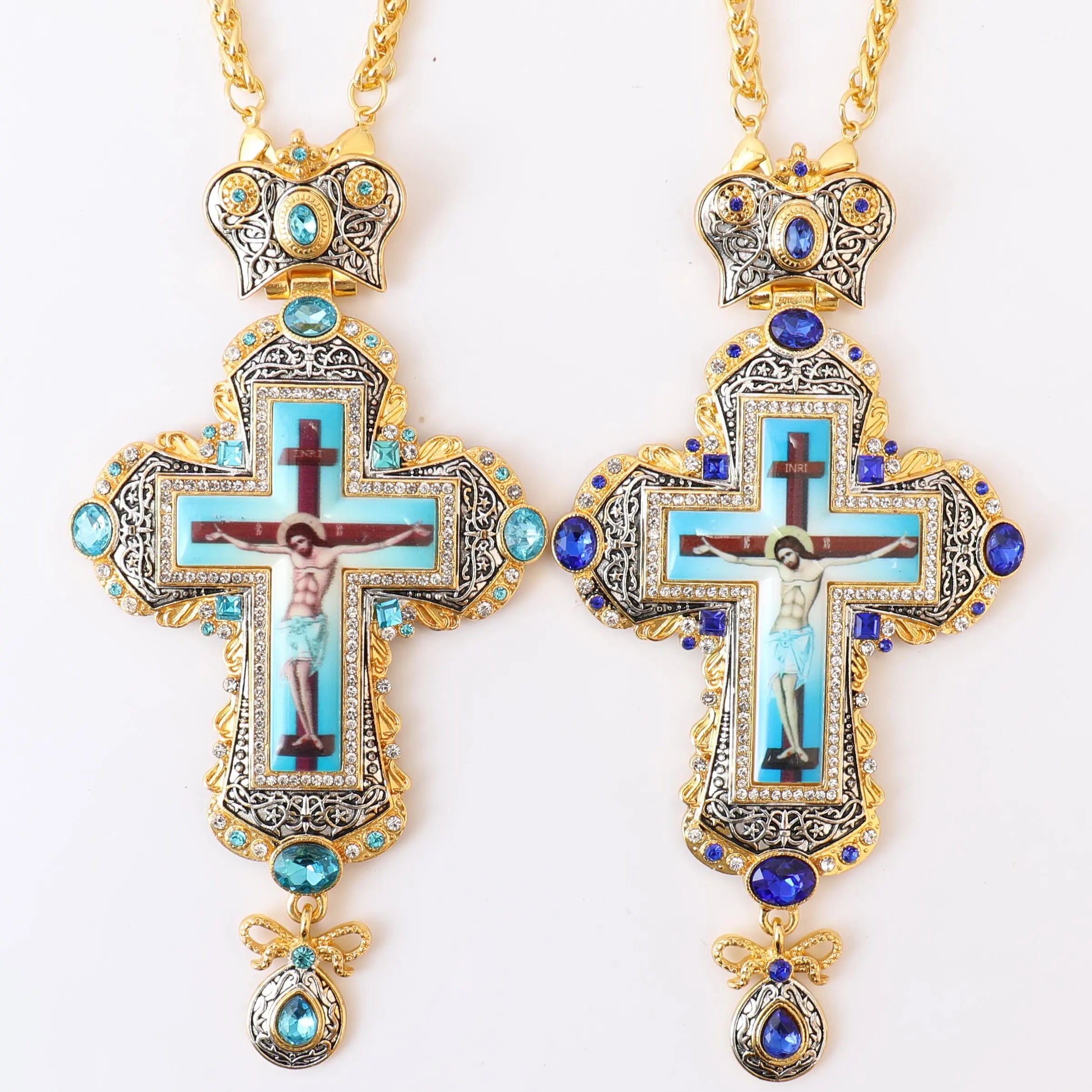 ZDGB-3 Orthodox Religious Gold and Black Gun Plated Color Pectoral Cross Necklace with Navy Blue Stones