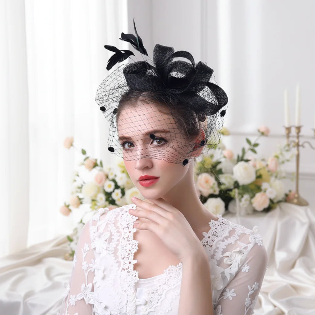 Handmade Trendy Elegant Polyester Wedding Bride Headwear Cocktail Tea Party Feather Hair Fascinator Hat for Women