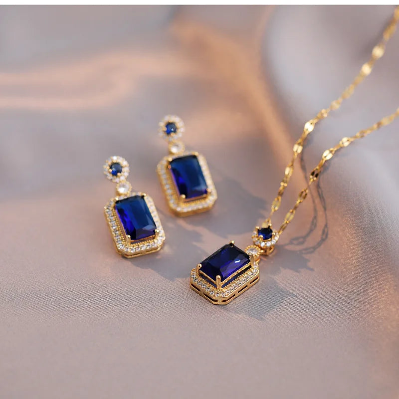 2023 Classic Retro Blue Zircon Gemstone Crystal Pendant Necklace Earrings Stainless Steel Bridal Jewelry for Women's Wedding