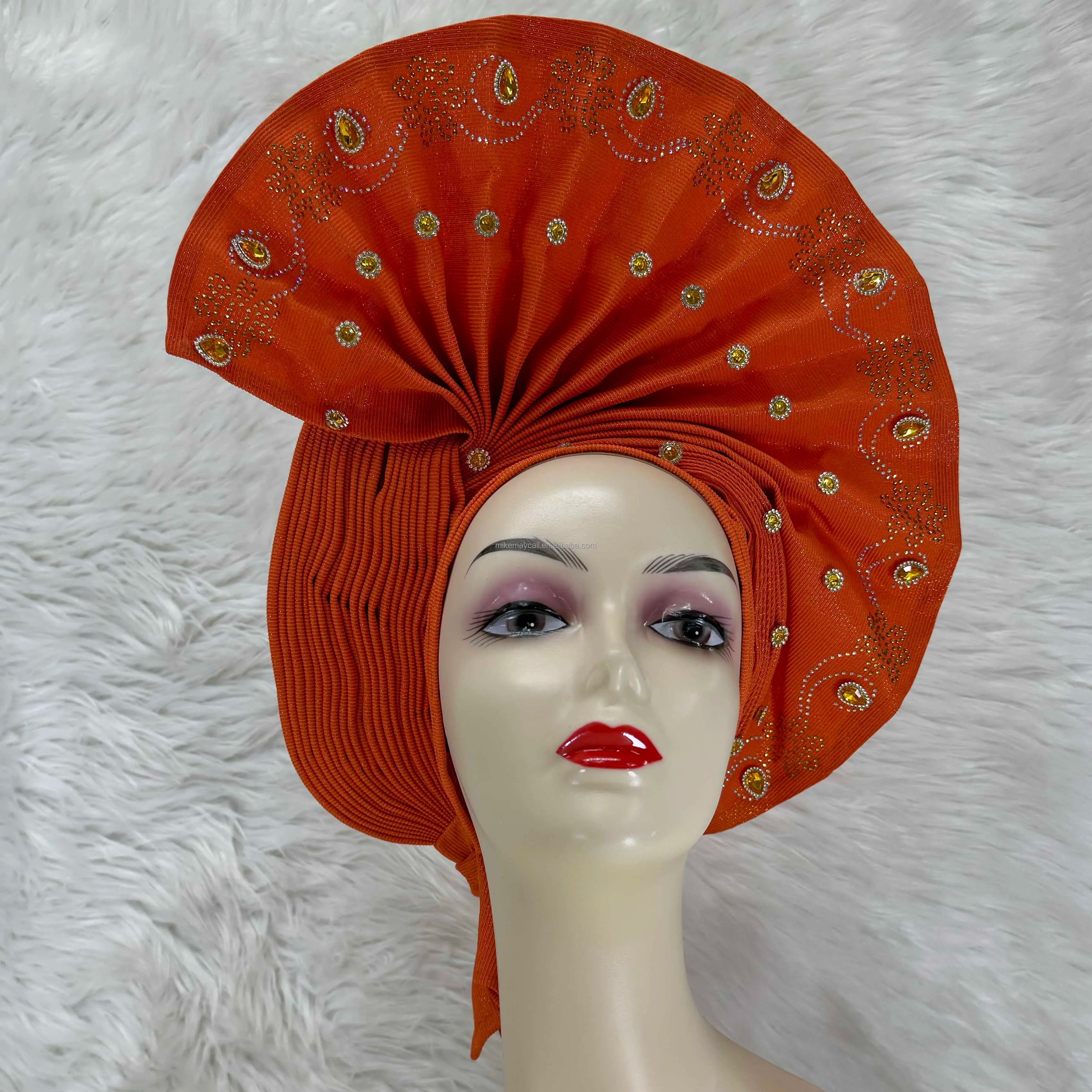 Factory Price Beaded Women Red Auto Gele Party African Headtie Aso Oke With Stones for Weeding Party