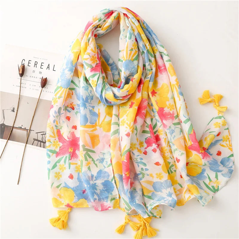 Light Color Flower Style Soft Headscarf Lady Vacation Fashion Shawl Scarf Wholesale