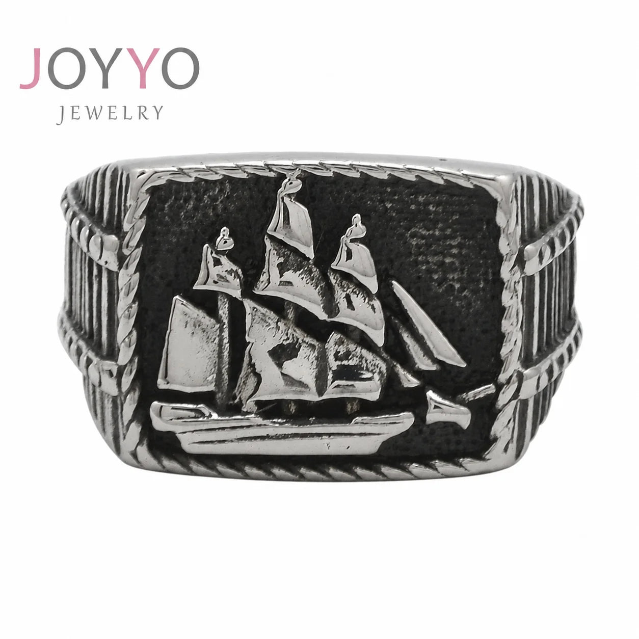 Personality Retro Punk Skull Circle Ring 316L Stainless Steel Boat Rings for Men