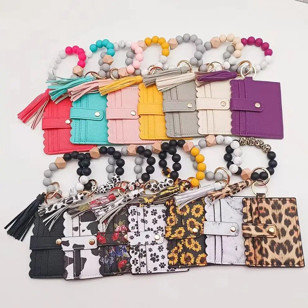 Custom Silicone Bead Wristlet Keychain Wallet Card Holder Pu Leather Key Chains Tassel Lady Coin Purse Wallet Keychain Wristlet