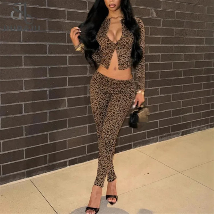 Autumn Knitted Leopard Slim Casual 2 Piece Set Women Single Breasted Long Sleeve Crop Top Low Waist Skinny Pants